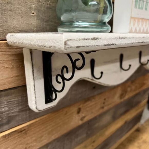 Rustic Off White Wall Shelf with Hooks and Wrought Iron Brackets - Picture 3 of 6